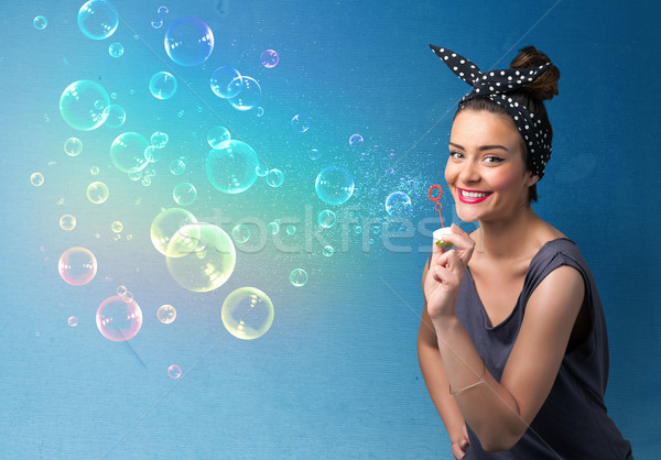 Stockfoto: Mooie · dame · kleurrijk · bubbels · Blauw