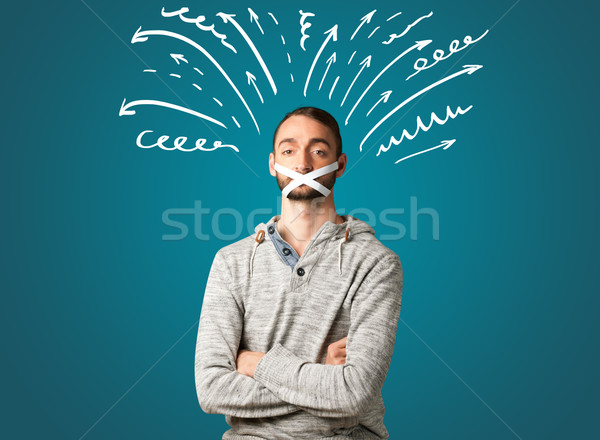 Fiatalember száj fehér rajzolt vonalak nyilak Stock fotó © ra2studio