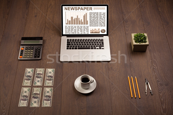 Business Laptop Aktienmarkt Bericht Holz Schreibtisch Stock foto © ra2studio