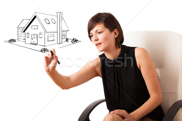 Stockfoto: Jonge · vrouw · tekening · huis · geïsoleerd · witte