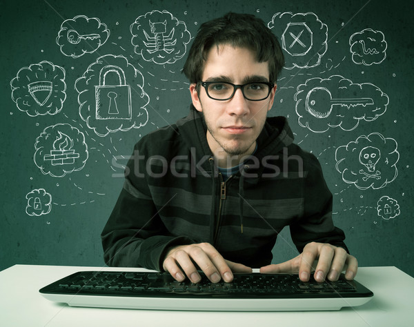Stockfoto: Jonge · nerd · hacker · virus · hacking · gedachten
