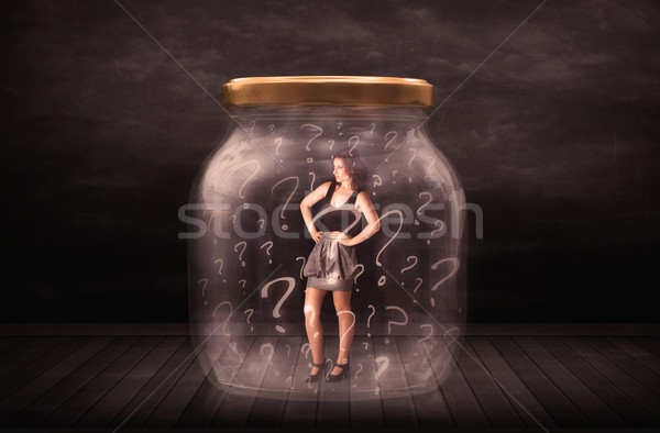 Geschäftsfrau verschlossen jar Fragezeichen Glas traurig Stock foto © ra2studio