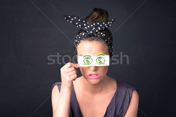 Młoda dziewczyna papieru zielone znak dolara twarz Zdjęcia stock © ra2studio