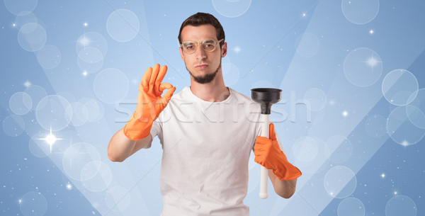 Férfi házvezetőnő kék takarítás felszerlés férfi Stock fotó © ra2studio