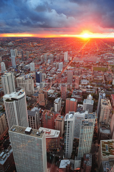 Stock foto: Chicago · Sonnenuntergang · Skyline · Panorama · Luftbild · Wolkenkratzer
