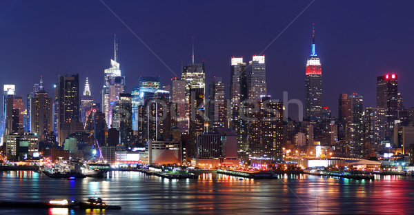 Stock foto: New · York · City · manhattan · Skyline · Panorama · Nacht · Fluss