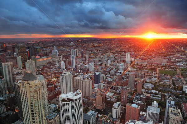 Stock fotó: Chicago · naplemente · sziluett · panoráma · légifelvétel · felhőkarcolók