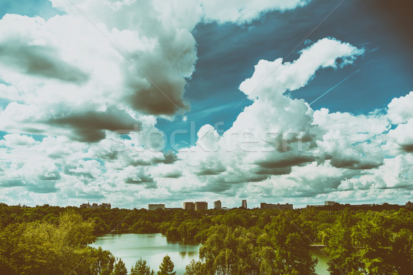 Bucharest City Skyline View From Youths Park (Parcul Tineretului) With Blue Sky And White Clouds Stock photo © radub85