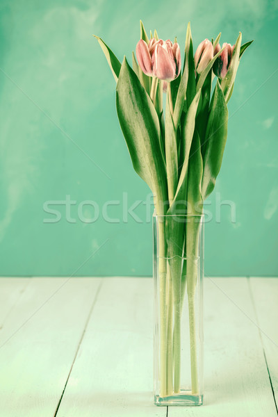 Mokro różowy tulipan kwiaty Wazon miłości Zdjęcia stock © radub85