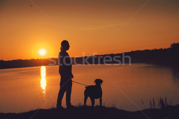 Amis coucher du soleil homme chien marche lac [[stock_photo]] © raduga21