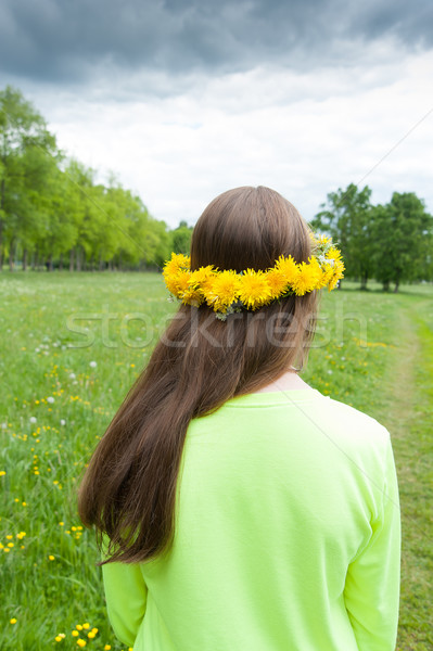 Stockfoto: Meisje · krans · paardebloemen · weide · zomer · gras