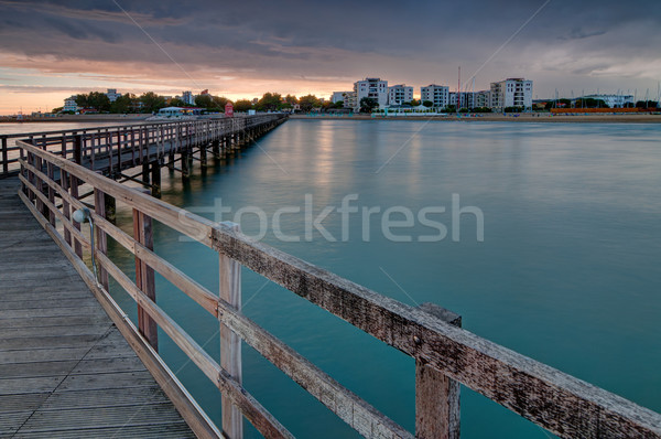 [[stock_photo]]: Bois · pier · regarder · coucher · du · soleil · ciel · soleil