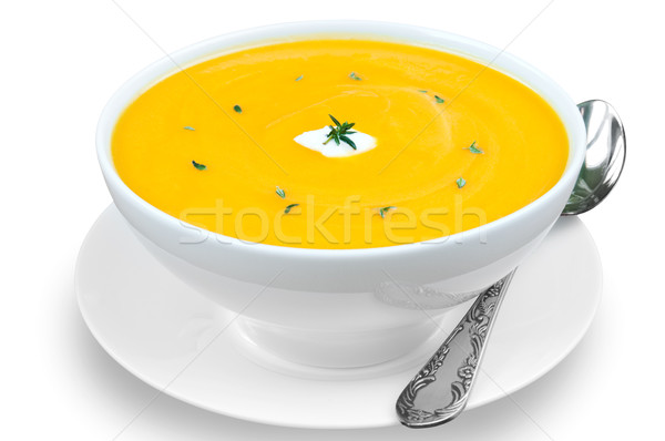 Zöldségleves friss sütőtök leves fehér tál Stock fotó © rafalstachura