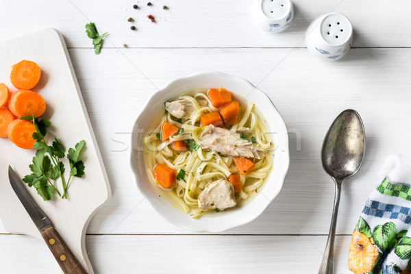 Top view of chicken soup with pasta, carrot and parsley on white Stock photo © rafalstachura