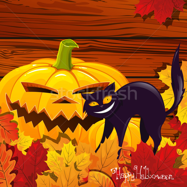 Vector halloween calabazas gato cara madera Foto stock © RamonaKaulitzki