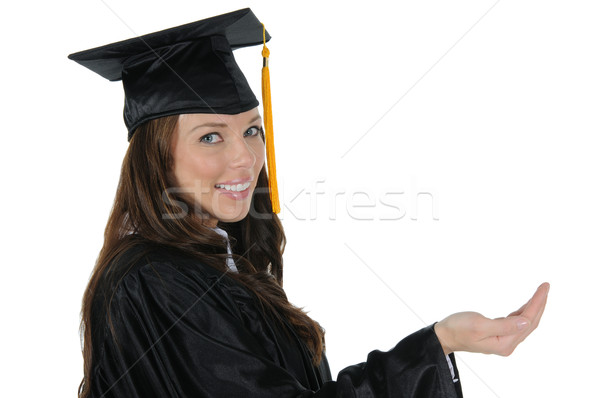 Női diplomás vonzó nő visel fekete sapka Stock fotó © RandallReedPhoto