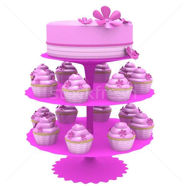 Pink cake and cupcakes on stand - 3d computer generated Stock photo © randomway