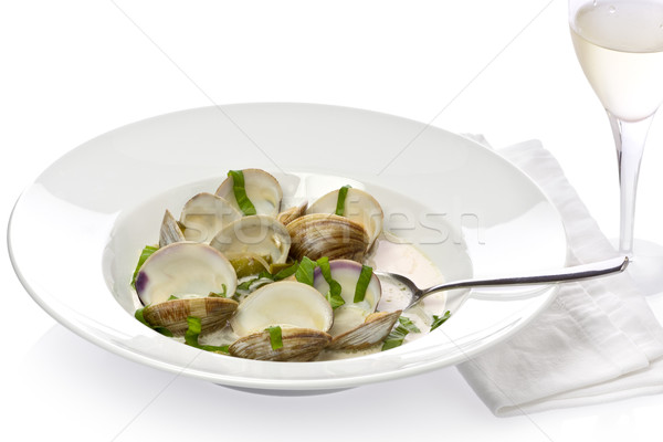 Fűszeres kagyló leves tál üveg fehérbor Stock fotó © raptorcaptor