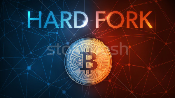 Gold bitcoin coin hard fork in fire flame, lightning and water splashes. Stock photo © RAStudio