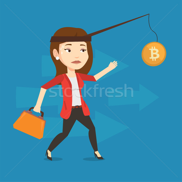 Woman trying to catch bitcoin on fishing rod. Stock photo © RAStudio