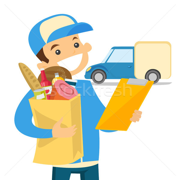 Foto stock: Entrega · correio · comida · cliente · jovem · caucasiano