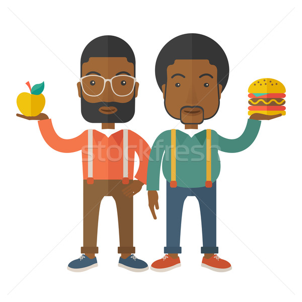 Two black businessmen comparing apple to hamburger. Stock photo © RAStudio