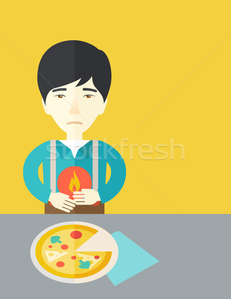Człowiek zgaga chorych asian pizza trzymając się za ręce Zdjęcia stock © RAStudio