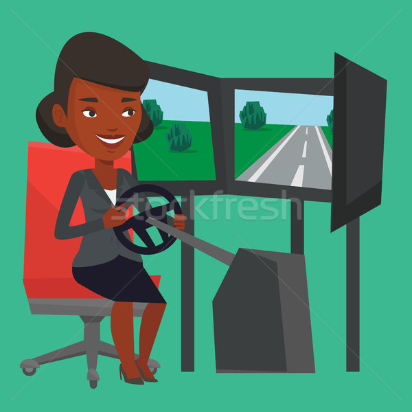 Woman playing video game with gaming wheel. Stock photo © RAStudio