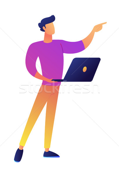 Foto stock: Gerente · em · pé · laptop · indicação · dedo · especialista