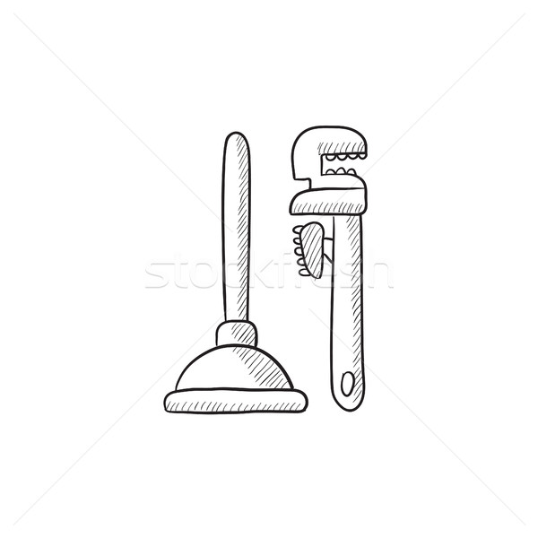 Pipe wrenches and plunger sketch icon. Stock photo © RAStudio