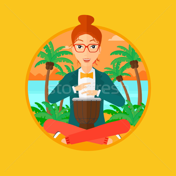 Mujer jugando étnicas tambor playa tropical Foto stock © RAStudio