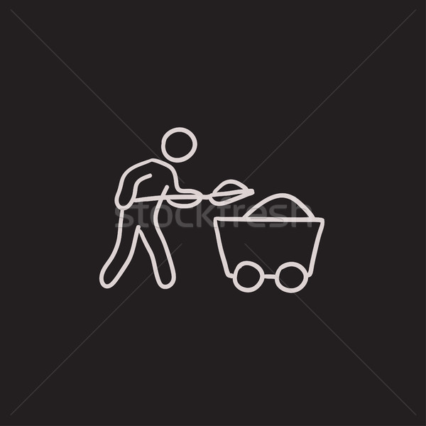 Stock photo: Mining worker with trolley sketch icon.