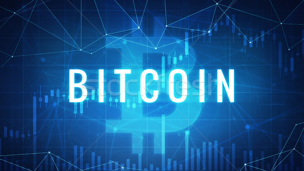 Stock photo: Neon bitcoin coin with bull stock chart.