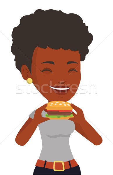 Сток-фото: женщину · еды · гамбургер · счастливым