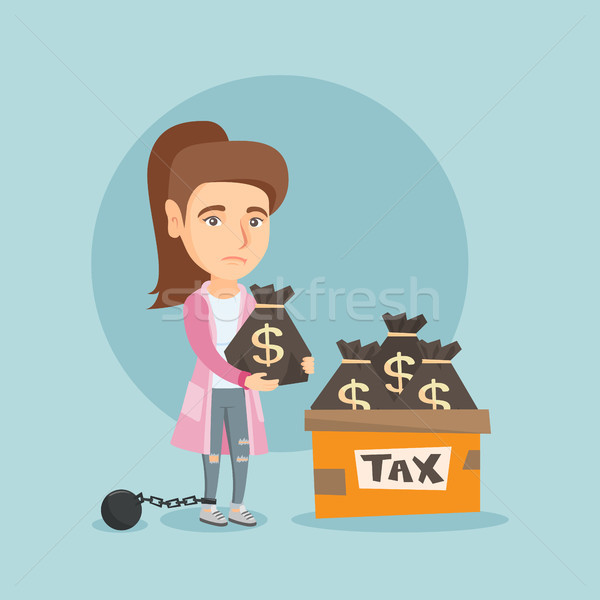 Chained business woman with bags full of taxes. Stock photo © RAStudio