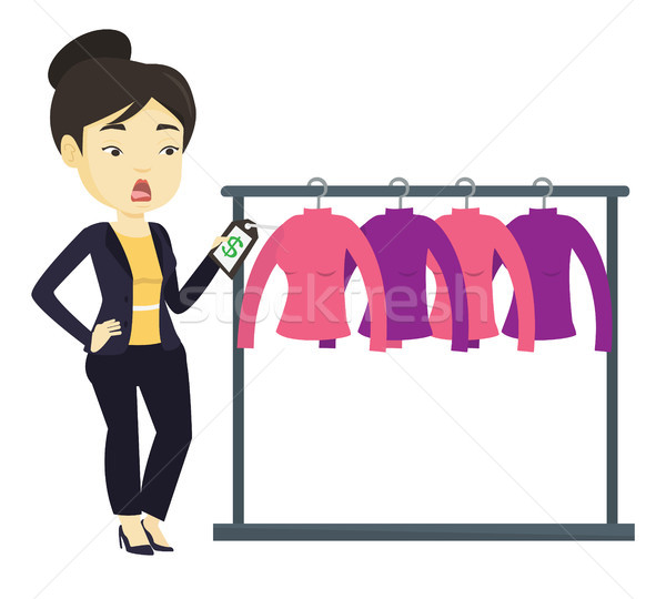 Foto stock: Mujer · conmocionado · precio · etiqueta · ropa · tienda