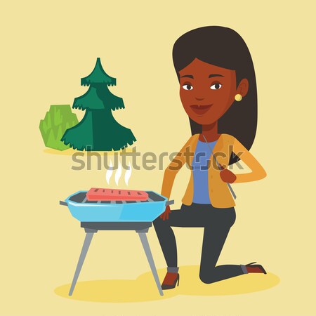 女性 料理 ステーキ バーベキューグリル 座って 公園 ストックフォト © RAStudio