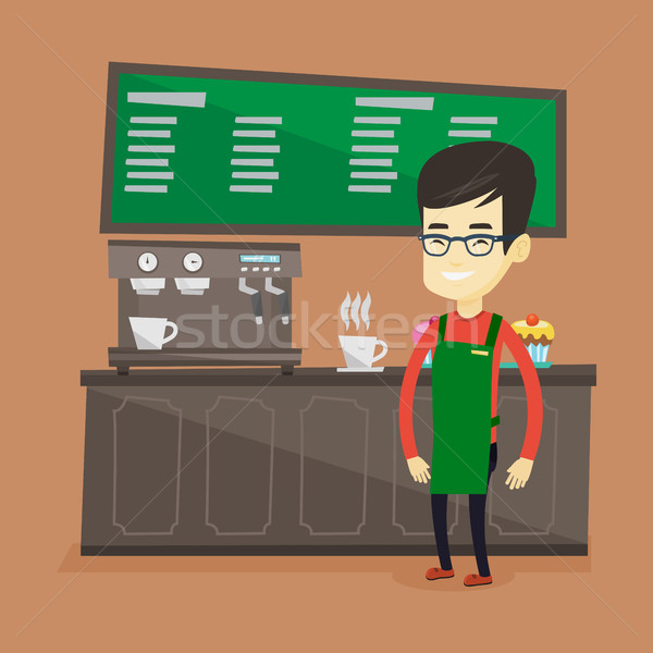 Foto stock: Barista · em · pé · asiático · amigável · jovem