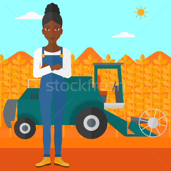 Stockfoto: Vrouw · permanente · oogst · tarwe · vector · ontwerp