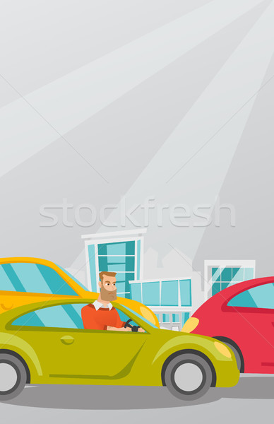Supărat caucazian om maşină trafic blocat Imagine de stoc © RAStudio