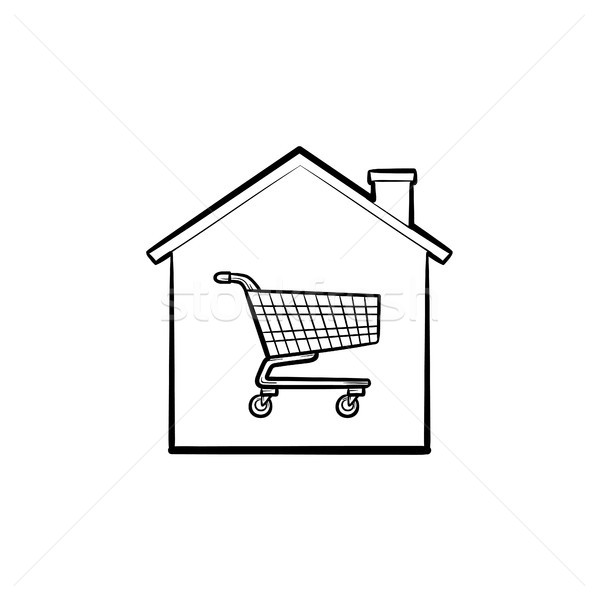 Stock photo: House shopping cart hand drawn outline doodle icon.