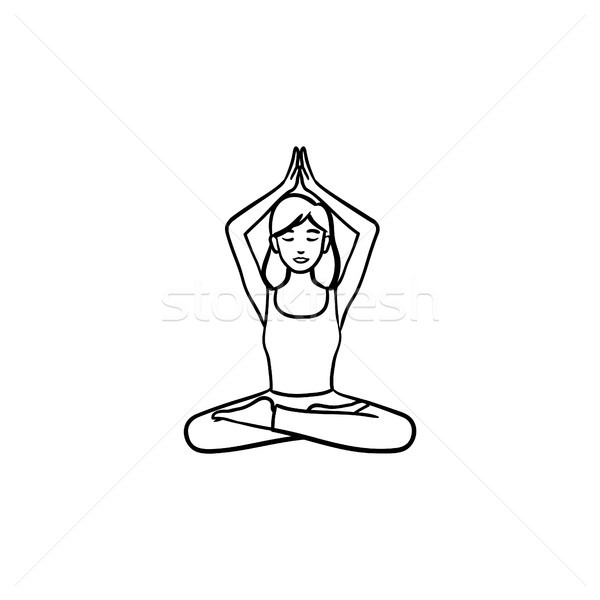 Stock photo: Girl in lotus pose with her hands up hand drawn outline doodle icon.