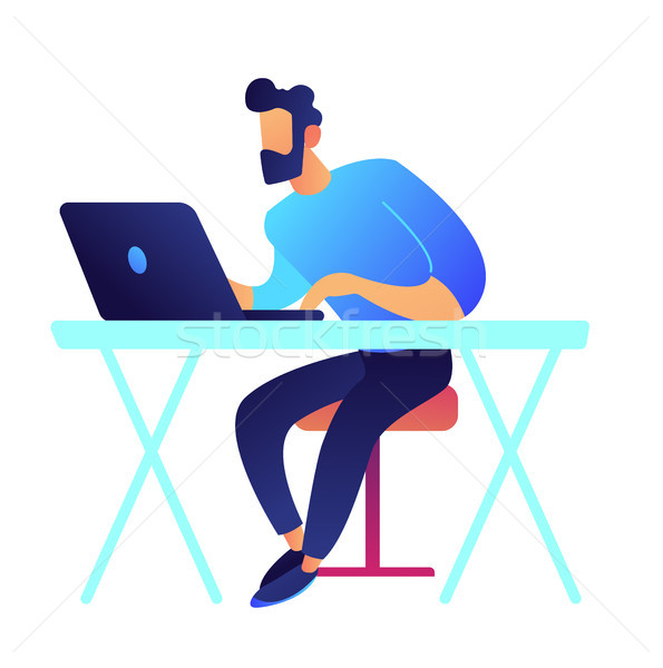 Gamer with laptop sitting at desk vector illustration. Stock photo © RAStudio
