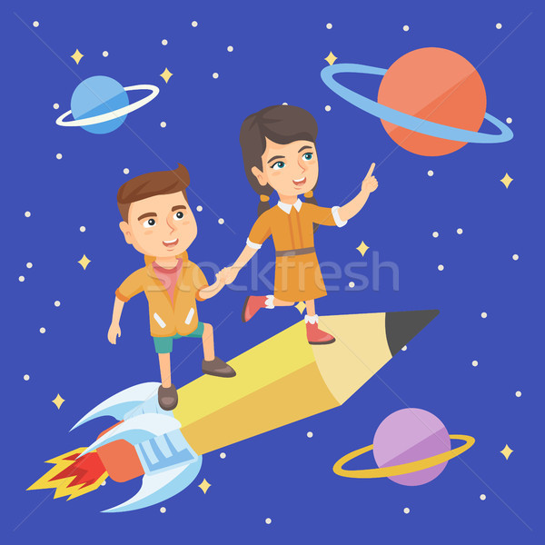 Children riding a pencil shaped as a space shuttle Stock photo © RAStudio