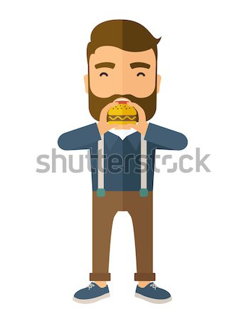Stock fotó: Férfi · boldog · eszik · hamburger · hipszter · iroda