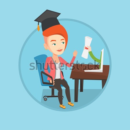 Stockfoto: Afgestudeerde · diploma · computer · student · afstuderen · cap