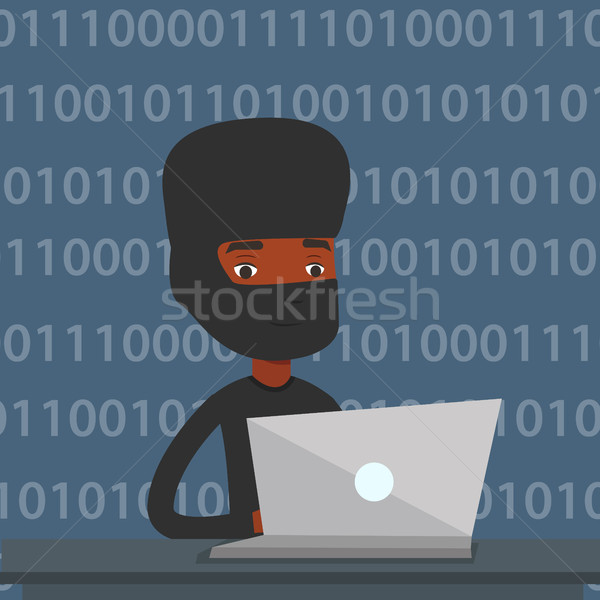 Stock foto: Hacker · mit · Laptop · Informationen · Computer · Maske · arbeiten
