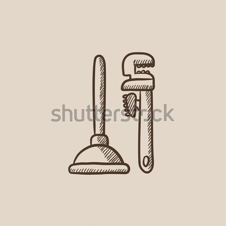 Pipe wrenches and plunger sketch icon. Stock photo © RAStudio