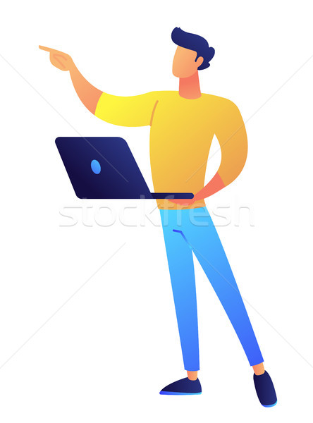 Developer standing with laptop and pointing with finger vector illustration. Stock photo © RAStudio
