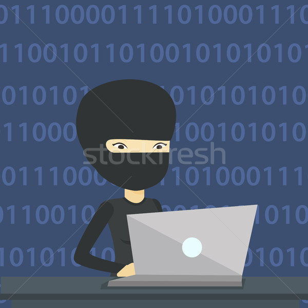 Hacker za pomocą laptopa informacji asian komputera maska Zdjęcia stock © RAStudio